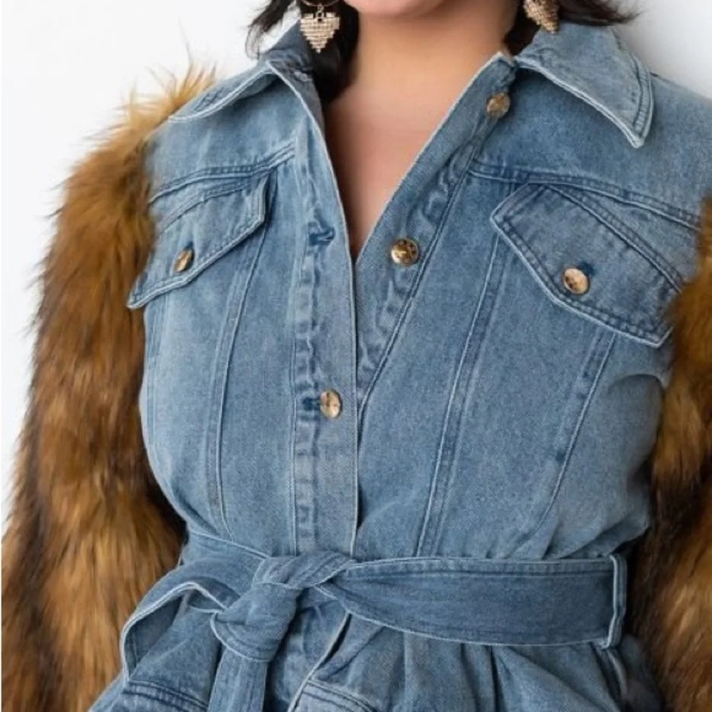 Azalea Wang‎ Denim Jacket Fur Sleeves Belted Ruffle Peplum Size Large NWOT